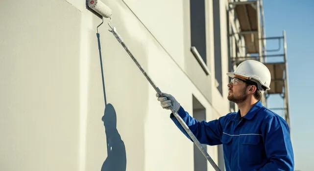 Painter rolling the exterior wall of a corporate building near Westlake Village
