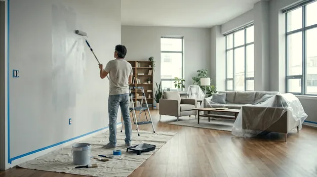 Painter applying a custom wall finish in a bright Westlake Village living room