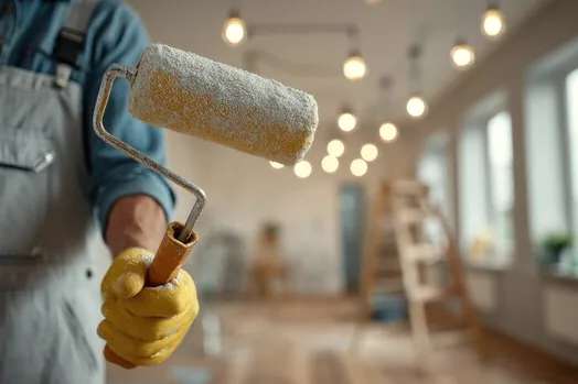 Painter ready with a roller in a Calabasas home with furniture covered